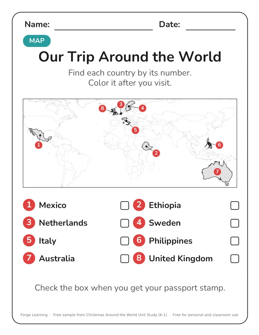 Christmas around the world map worksheet to color as you visit each country
