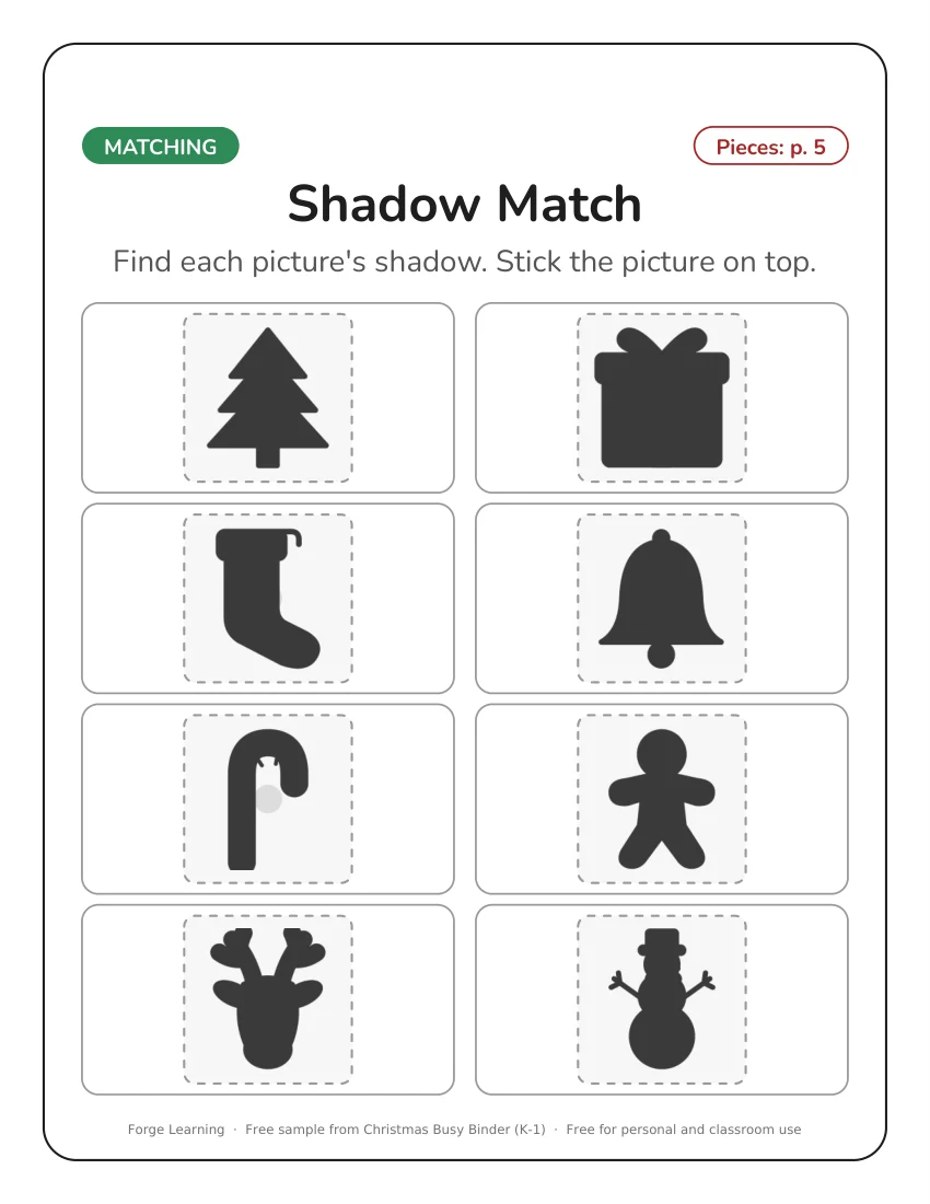 Christmas busy binder shadow match worksheet