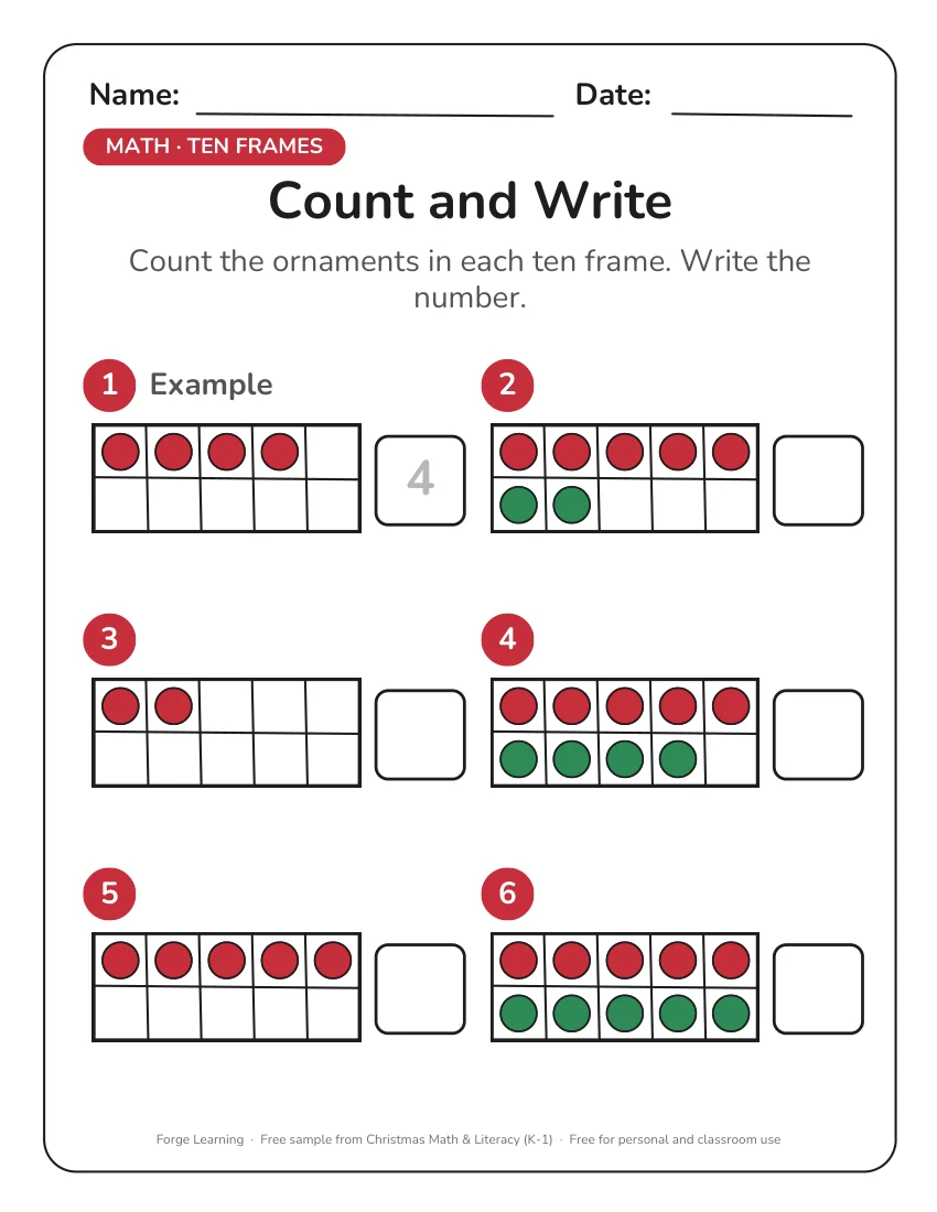Christmas count and write ten frames worksheet for kindergarten