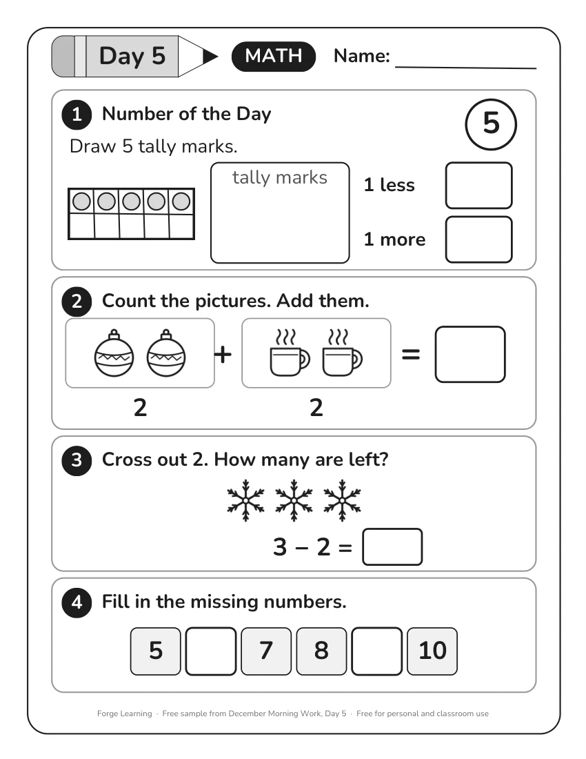 Kindergarten morning work math page: number of the day 5 with tally marks