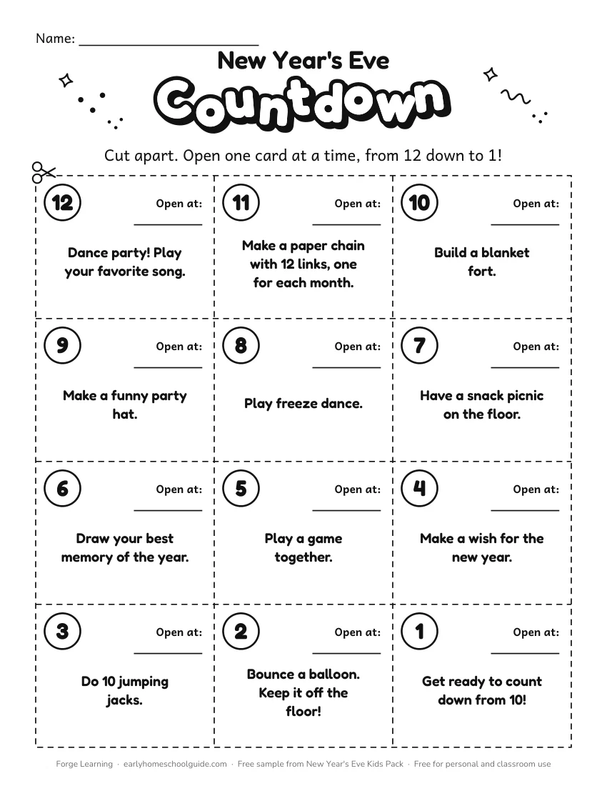 New Year's Eve countdown cards for kids, 12 to 1, with activities