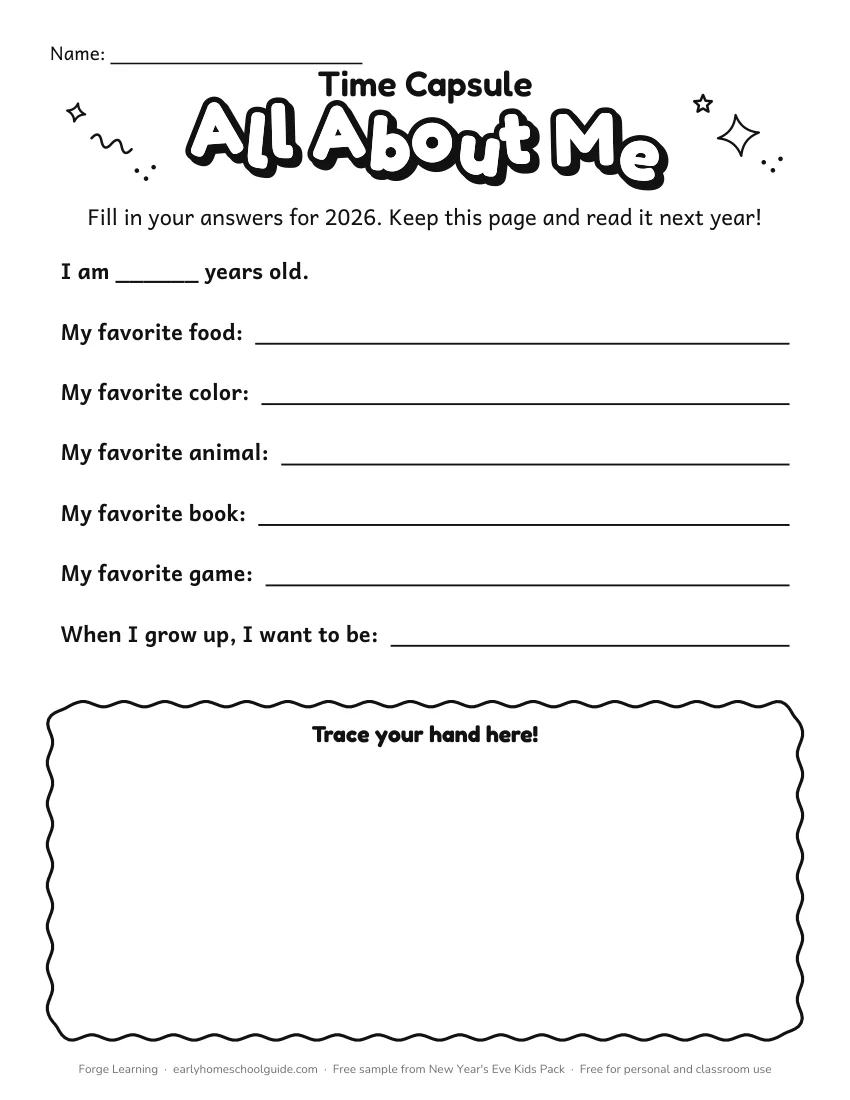 New Year time capsule all about me page for kids