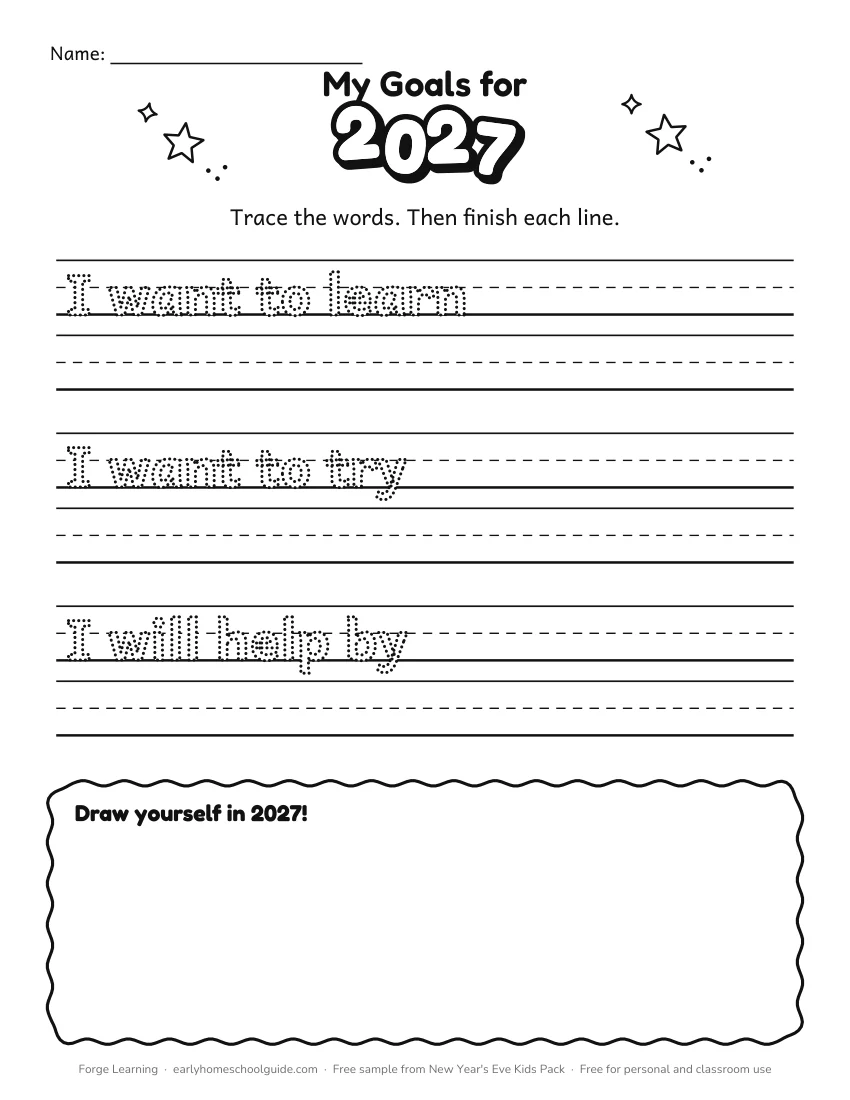 My goals for 2027 tracing and writing page for kindergarten