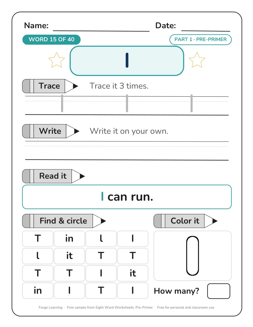 Sight word worksheet for the word I: trace, write, read, find and color