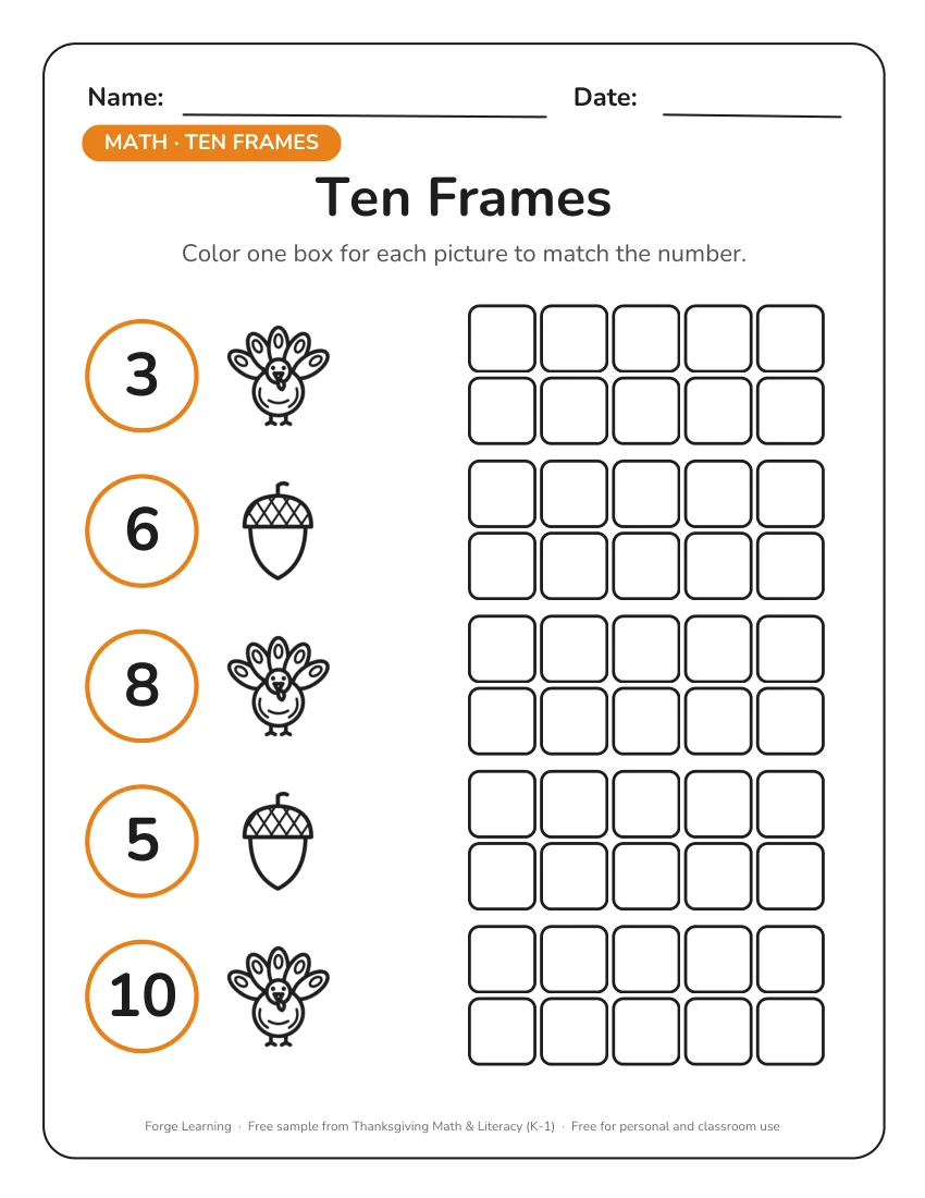 Thanksgiving ten frames worksheet for kindergarten with numbers 3, 6, 8, 5 and 10