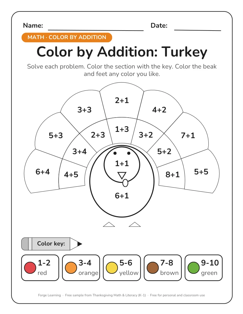 Thanksgiving color by addition turkey worksheet with sums to 10