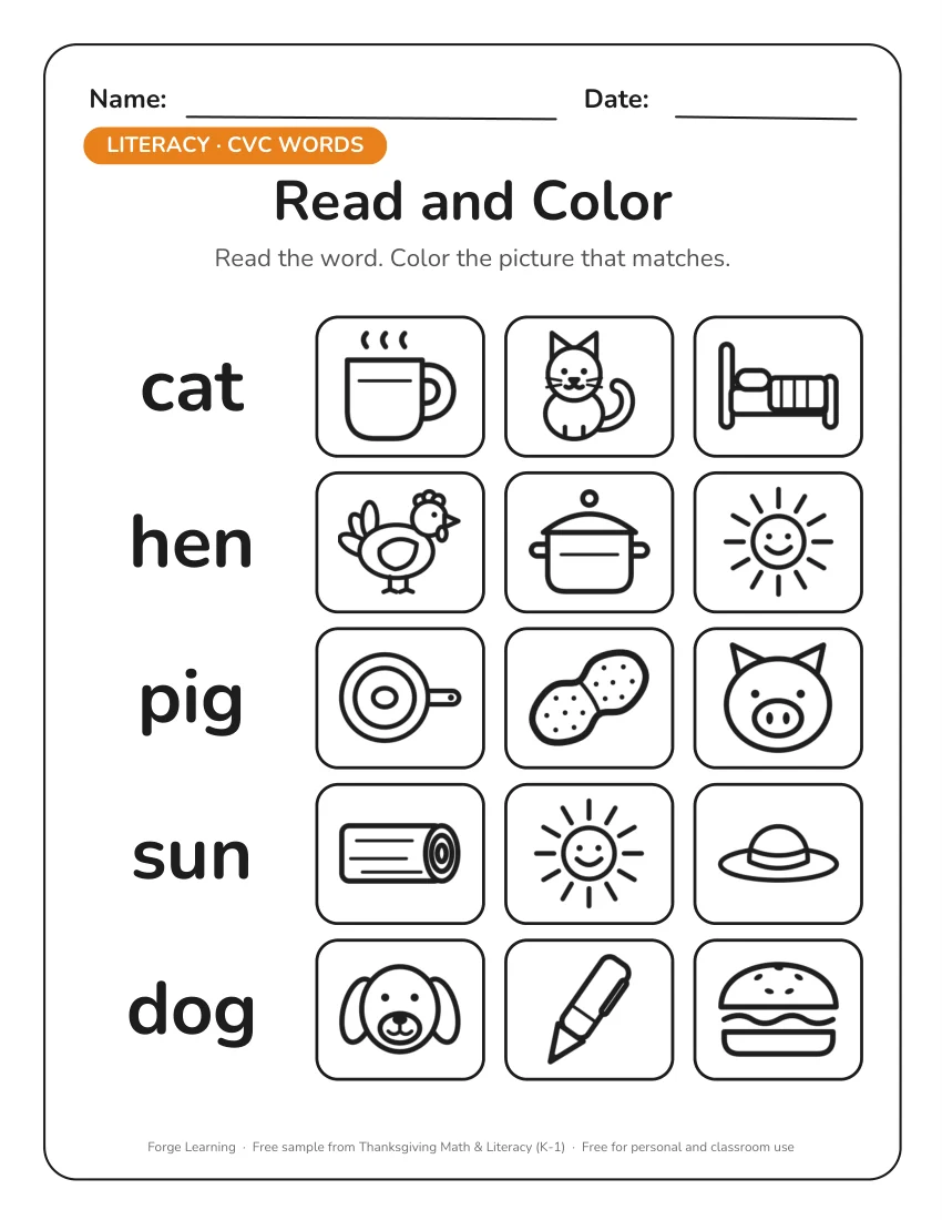 Thanksgiving read and color CVC words worksheet: cat, hen, pig, sun, dog