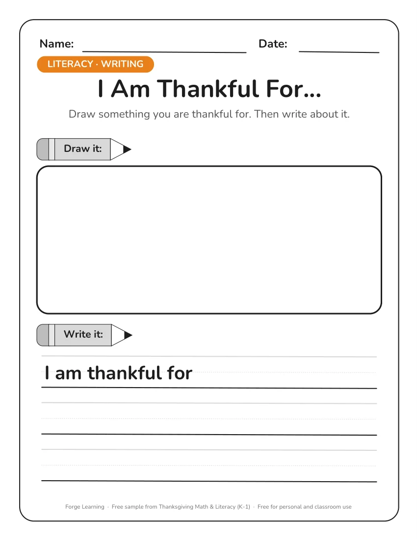 I am thankful for drawing and writing page for kindergarten