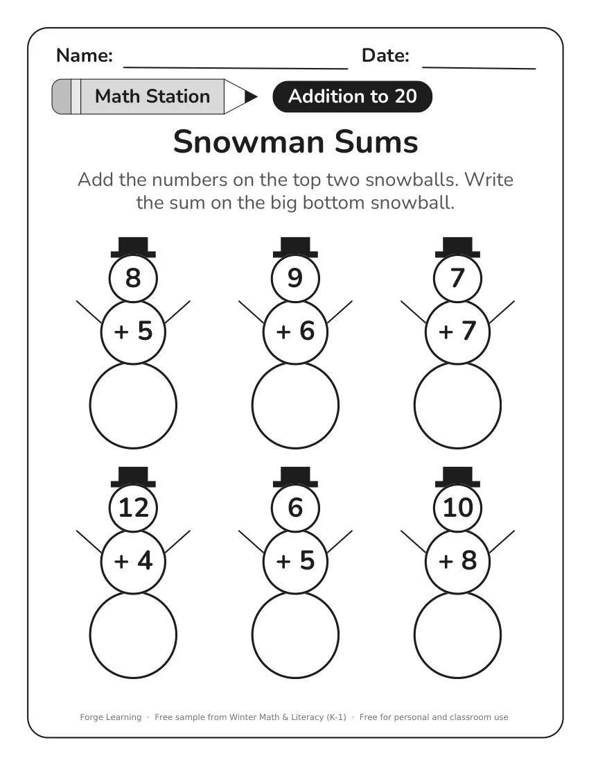 Winter snowman sums addition to 20 worksheet