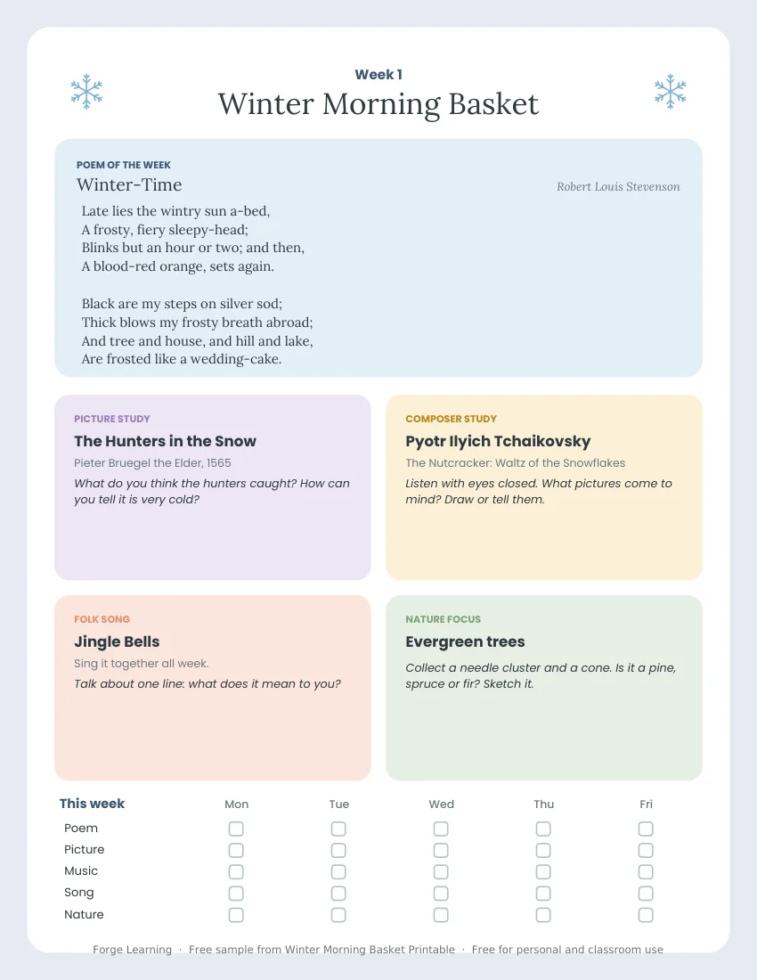 Winter morning basket poem: Winter-Time by Robert Louis Stevenson