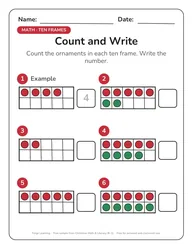 Christmas count and write ten frames worksheet for kindergarten