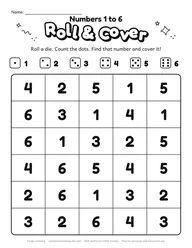 Roll and cover numbers 1 to 6 dice game board for kindergarten