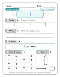 Sight word worksheet for the word I: trace, write, read, find and color