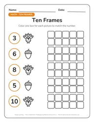Thanksgiving ten frames worksheet for kindergarten with numbers 3, 6, 8, 5 and 10